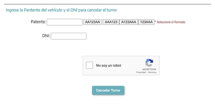 Pantalla para cancelar el turno de la VTV en Mar del Plata con patente y DNI